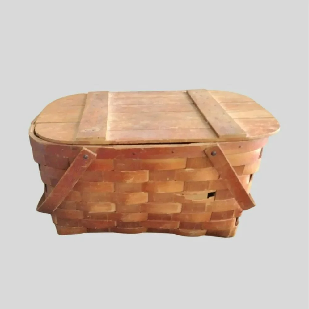 Vintage Picnic Basket Wov-N-Wood by Jerywil, 1940s Wooden Handles Hinged Lid